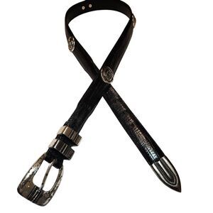 Black Leather Belt with Silver Buckle waist 32"-35" Vintage USC GAMCOCKS rare